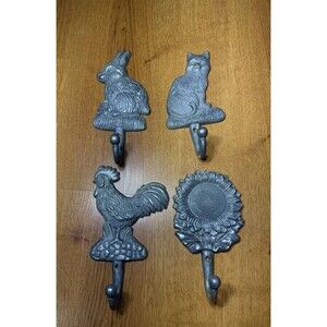 Vtg Sunflower Cat Rooster Rabbit Wall Hook Silver Color Aluminum -Coat Hat Towel